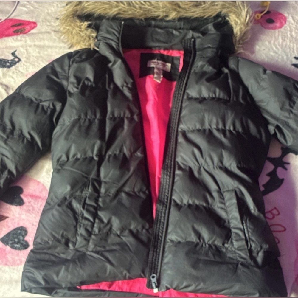Black Puffer Jacket with Pink Lining and Faux Fur Hood